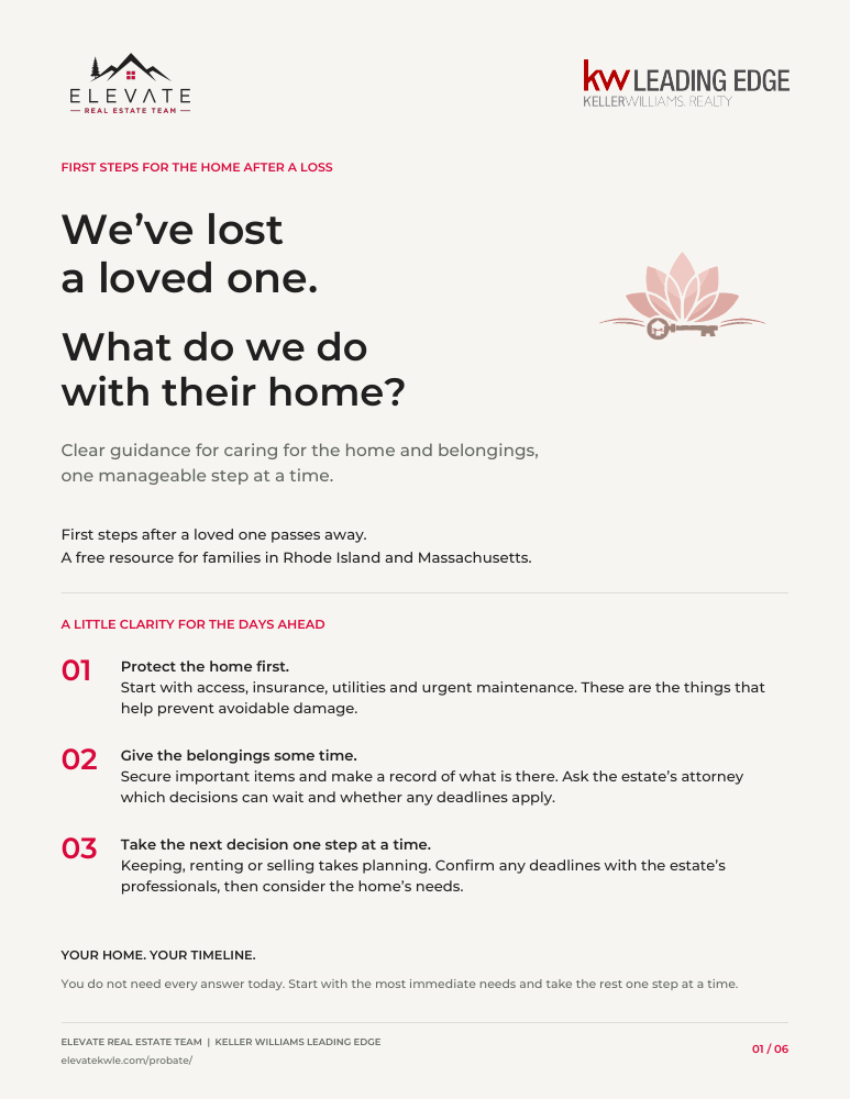 Cover of Elevate’s six-page guide: We’ve lost a loved one. What do we do with their home?